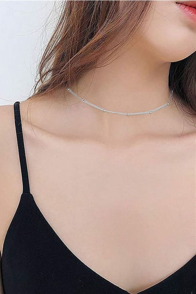 Kadın Gümüş Top Top Zincir Beyaz Altın Kaplama Toplu Kolye Özel 1.2mm Mücevher 45 cm