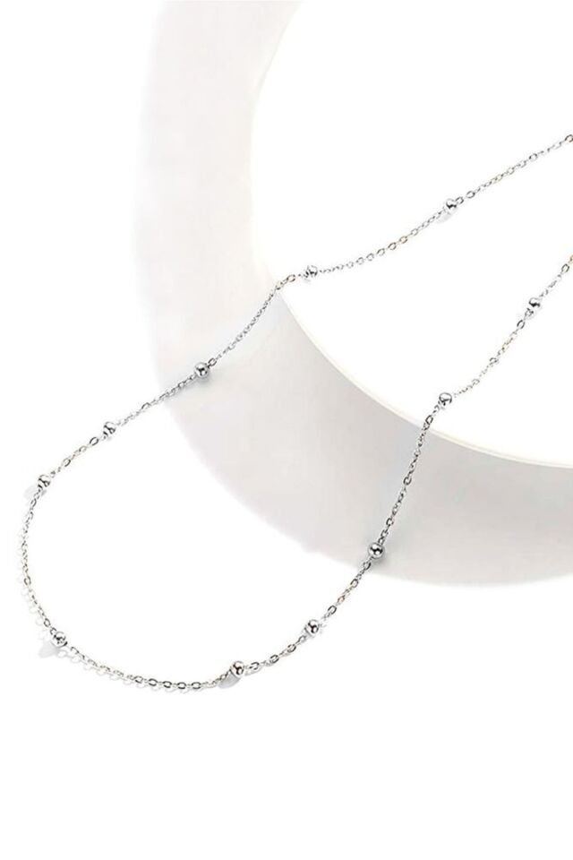 Kadın Gümüş Top Top Zincir Beyaz Altın Kaplama Toplu Kolye Özel 1.2mm Mücevher 45 cm