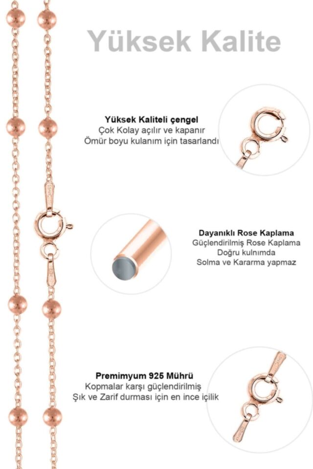 Kadın Gümüş Top Top Zincir Beyaz Altın Kaplama Toplu Kolye Özel 1.2mm Mücevher rose - 55 cm