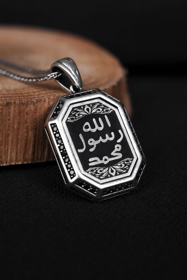 ENCİLİ SİLVER 925 Ayar Gümüş Kare Model Allah Resulü Muhammed Yazılı Erkek Kolye