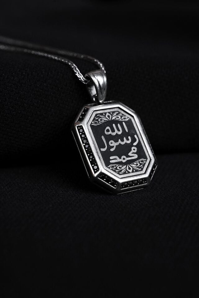 ENCİLİ SİLVER 925 Ayar Gümüş Kare Model Allah Resulü Muhammed Yazılı Erkek Kolye