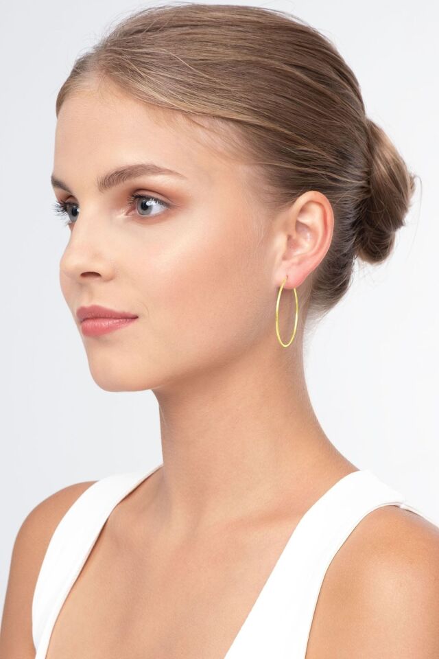Kadın Gümüş Çift Halka Model 925 Ayar Özel Tasarımlı 1 mm Sterling Silver Küpe Altın - 15 MM